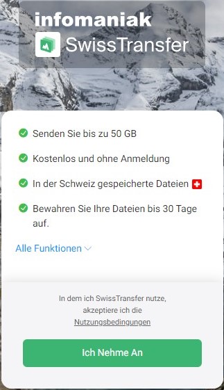 Screenshot der File Sharing Seite swisstransfer